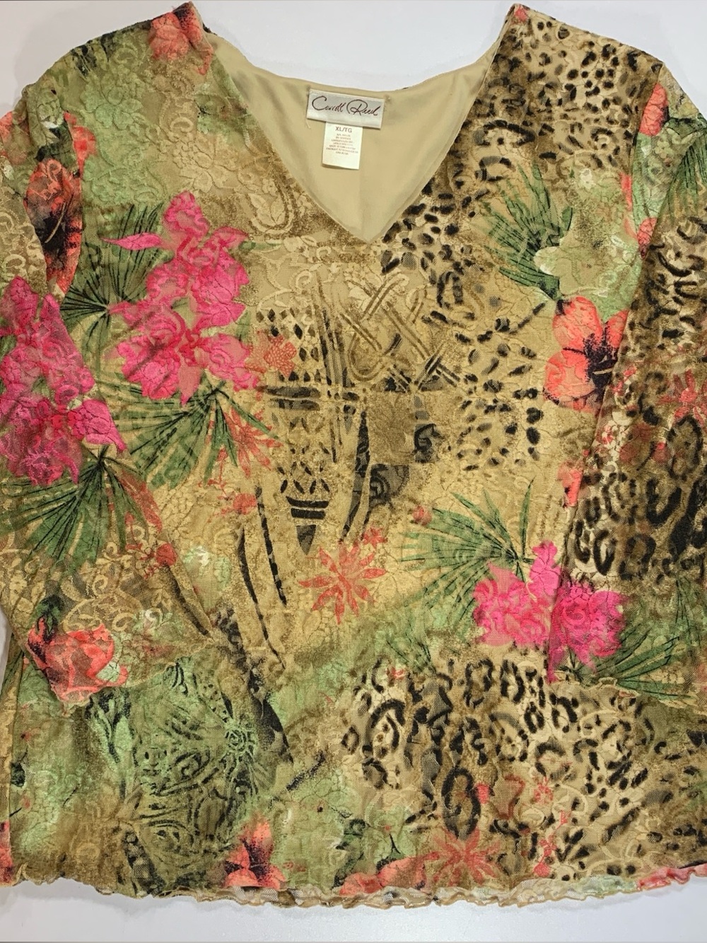 Y2K Carroll Reed Mesh Top Large Animal Print Floral Sheer Maximalist Lettuce Hem